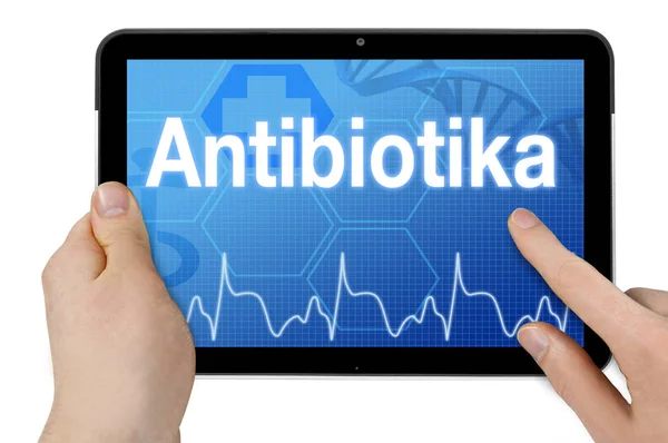 Планшетний Комп Ютер Антибіотиками Німецьке Слово Antibiotika — стокове фото