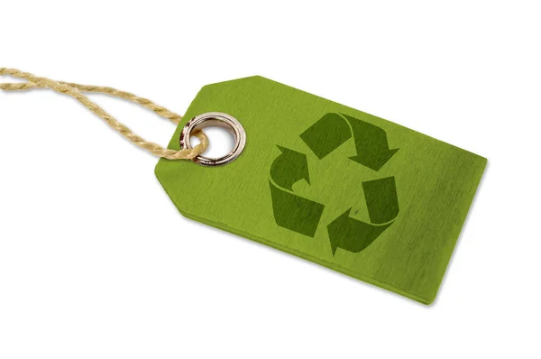 Etiqueta Colgante Madera Verde Con Logo Reciclaje — Foto de Stock