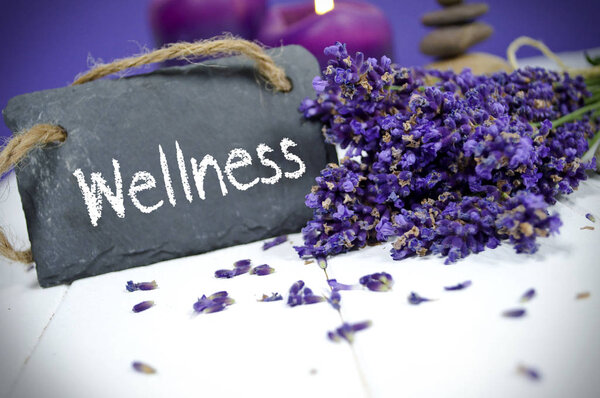 Slate chalkboard with lavender and wellness