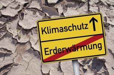 Traffic sign with CO2 Tax- Steuer and climate change - Klimawandel on dry ground clipart