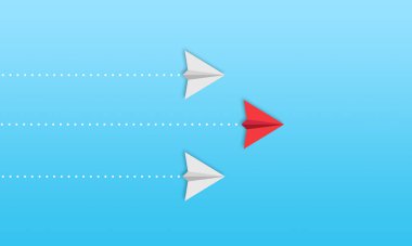 İş çözümü ve liderlik için mavi gökyüzü arka plan metafor üzerinde kağıt uçaklar ile Illustration