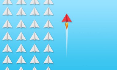 İş çözümü ve liderlik için mavi gökyüzü arka plan metafor üzerinde kağıt uçaklar ile Illustration