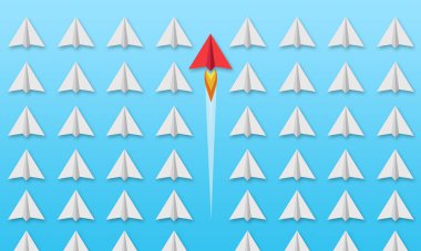 İş çözümü ve liderlik için mavi gökyüzü arka plan metafor üzerinde kağıt uçaklar ile Illustration