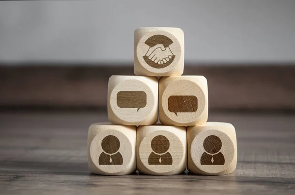 Cubes Dice Handshake Icon Win Win Situation Wooden Background — Stockfoto