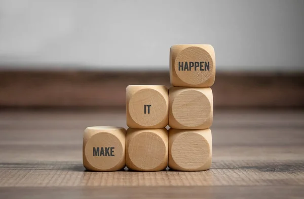 Cubos Dados Que Muestran Las Palabras Make Happen Wooden Background — Foto de Stock