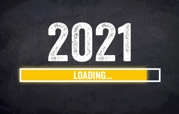 Pizarra Negra Con Barra Carga Amarilla Mensaje Loading 2021 — Foto de Stock