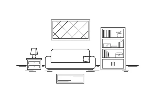 Concetto Living Room Outline Interno Con Color Furniture Bianco Accessorio — Vettoriale Stock