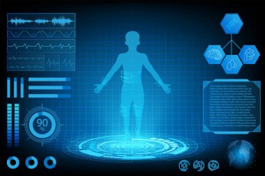 fütüristik teknoloji bilim kavramı insan veri sağlık dijital arabirimi, nabız kalp ve beyin kontrol simgesi Dna, kalp, beyin ve world.vector ve illüstrasyon soyut