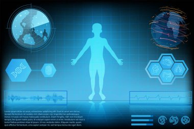 fütüristik teknoloji bilim kavramı insan veri sağlık dijital arabirimi, nabız kalp ve medical.radar ve dünya dünya map.vector ve illüstrasyon için simge soyut