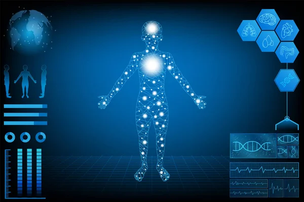 fütüristik teknoloji bilim kavramı insan veri sağlık dijital arabirimi, nabız kalp ve beyin kontrol simgesi Dna, kalp, beyin ve world.vector ve illüstrasyon soyut
