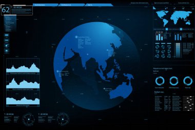 Fütüristik eleman paneli. Dünya haritası veri analizi bilgileri. vektör ve çizim