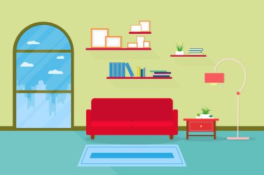 kanepe ve aksesuarlar, vektör ve illüstrasyon ile oturma odası iç tasarım 