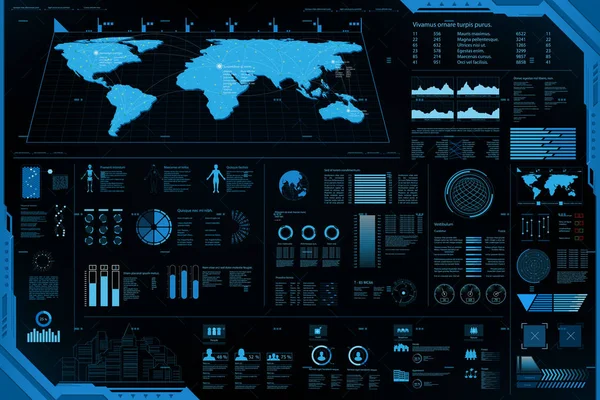 Panel Elementos Futuristas World Map Data Analysis Information Vector Ilustración — Vector de stock