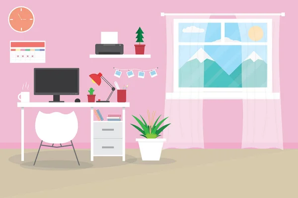 Interieur Werkplaats Ontwerp Met Computer Accessoires Vector Illustratie — Stockvector