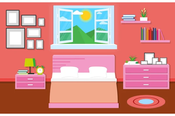 Bedroom Interior Design Big Bed Accessories Vector Illustration — Stock Vector