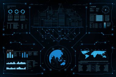 Fütüristik eleman paneli. Dünya haritası veri analizi bilgileri. vektör ve çizim