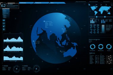 Fütüristik eleman paneli. Dünya haritası veri analizi bilgileri. vektör ve çizim