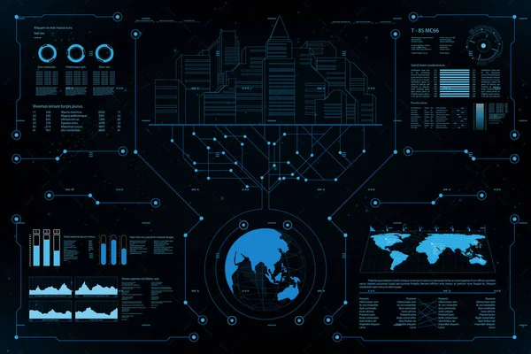 Fütüristik eleman paneli. Dünya haritası veri analizi bilgileri. vektör ve çizim