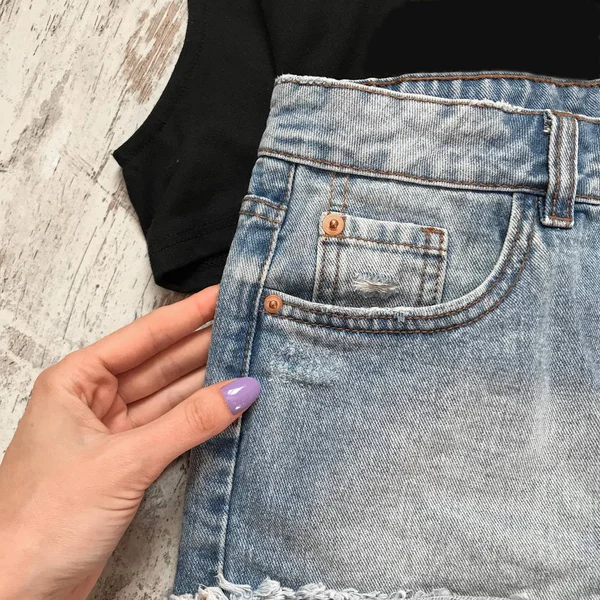 Pocket Jeans Detaljbild Trä Bakgrund — Stockfoto