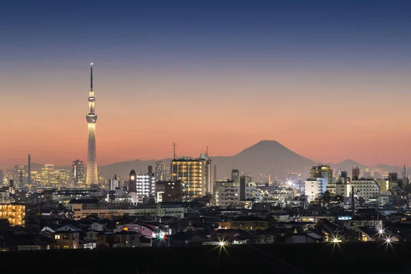 Tokyo gece görünümü, Tokyo Skytree Simgesel Yapı ile Tokyo şehir alanı ve dağ Fuji kış sezonunda bina