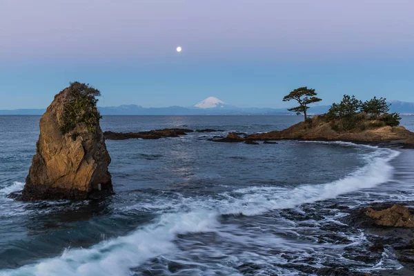 Luna Noche Paisaje Marino Bahía Sagami Monte Fuji Visto Desde — Foto de Stock