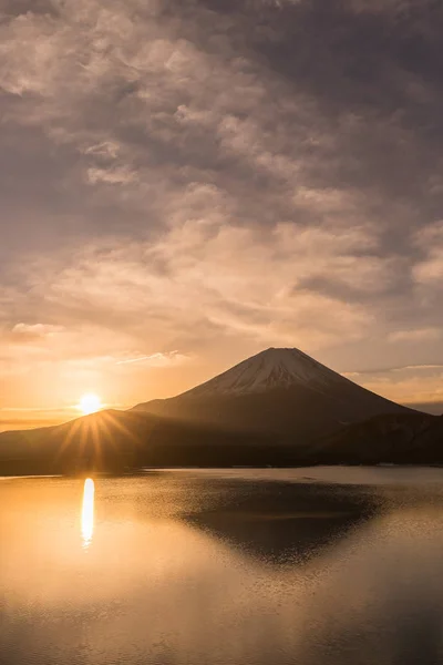 Mountain Fuji Lake Motosu Bueatiful Sunrise Winter Season — Stock Photo, Image