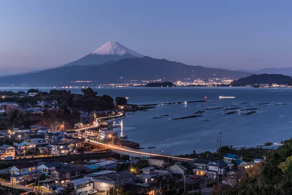 Uitzicht Stad Izu Met Berg Fuji Suruga Bay Winteravond — Stockfoto