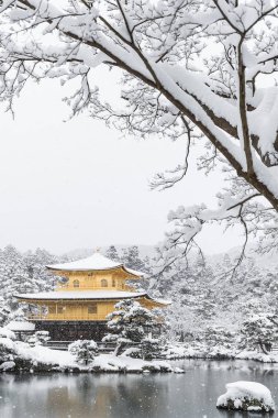 Zen Tapınağı Kinkakuji (altın Pavilion) kar ile sonbahar kış 2017. Kinkakuji Kyotos önde gelen tapınaklar ve tanınan Unesco tarafından Dünya Kültür Mirası biridir 