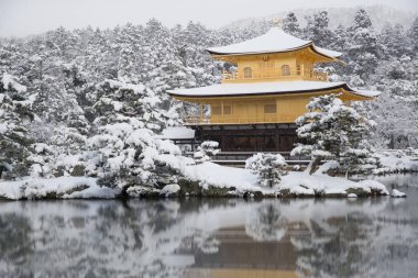 Zen Tapınağı Kinkakuji (altın Pavilion) kar ile sonbahar kış 2017. Kinkakuji Kyotos önde gelen tapınaklar ve tanınan Unesco tarafından Dünya Kültür Mirası biridir 