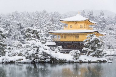 Zen Tapınağı Kinkakuji kış sezonunda düşen kar ile