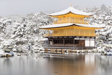 Zen Tapınağı Kinkakuji kış sezonunda düşen kar ile