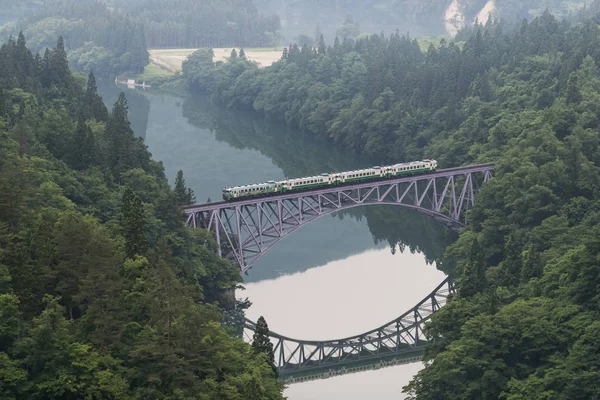 Japan Fukushima June 2017 Local Train Bridge Tadami Line River — Stock Photo, Image