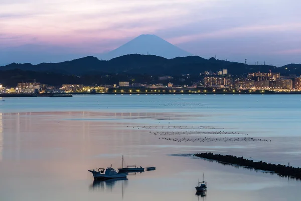 Fuji Och Yokosuka Staden Vid Skymning Vårsäsongen — Stockfoto