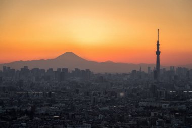 Güzel Tokyo Skytree ve Mountian Fuji ile kış günbatımı cityscape Tokyo