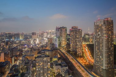 Gece kenti Tokyo yüksek binalar ve Otoban ile