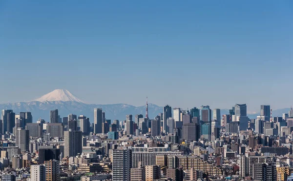 东京市中心大厦和东京塔与山富士在晴朗的天 — 图库照片