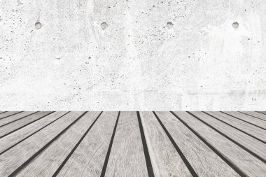 Beton duvar ve Beyaz ahşap zemin 