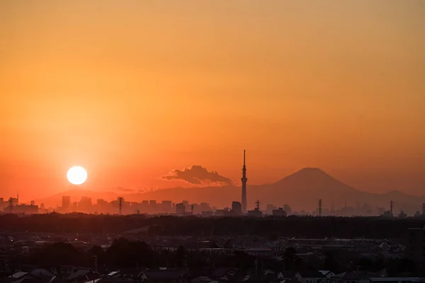 東京スカイツリーと山岳富士冬の夕日に美しい東京都市の景観 — ストック写真