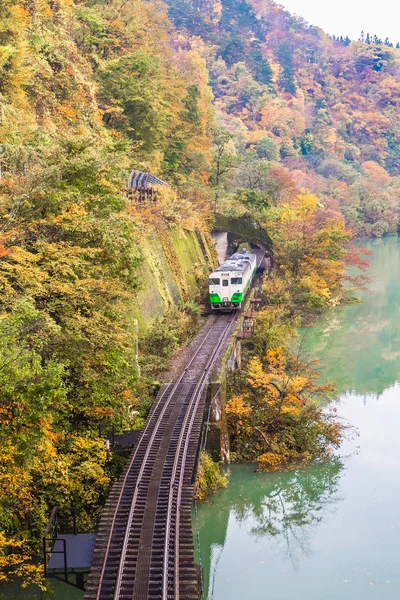 只見町 三島町 秋に福島で鉄道の列車します — ストック写真