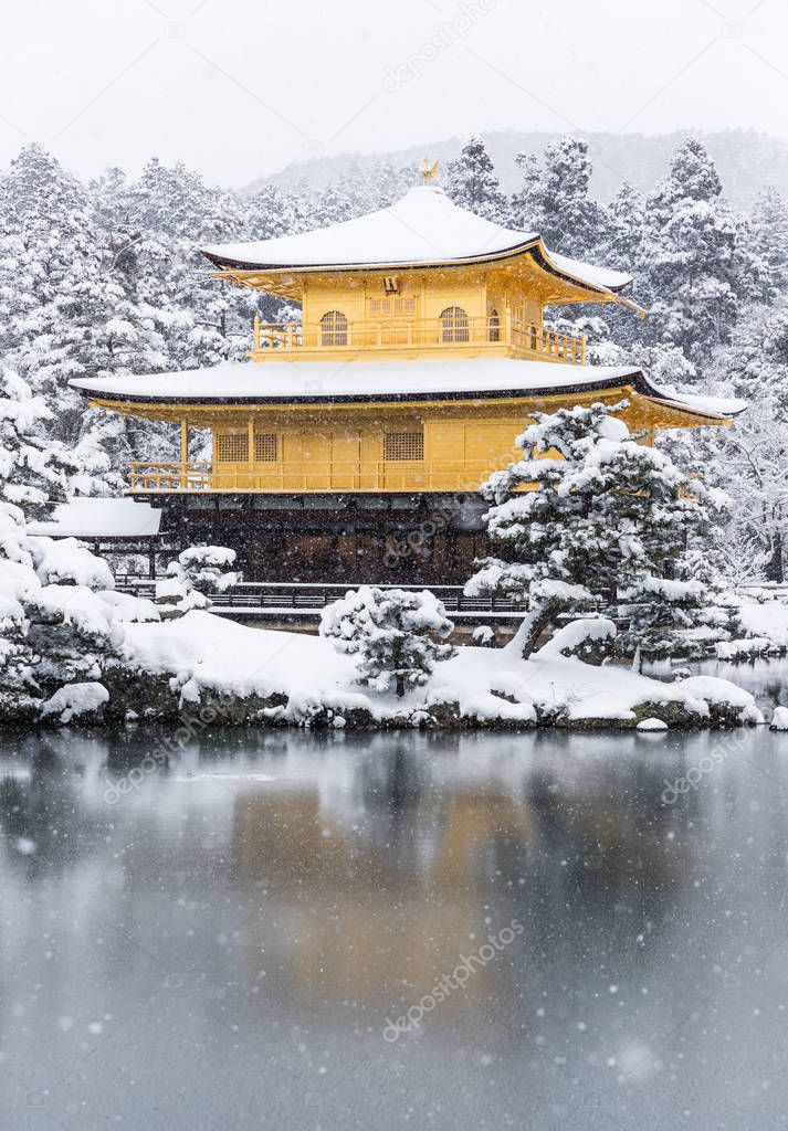 Zen temple Kinkakuji, Golden Pavilion, with snow fall in winter 2017. Kinkakuji is one of Kyotos leading temples and Recognized by UNESCO as a World Cultural Heritage