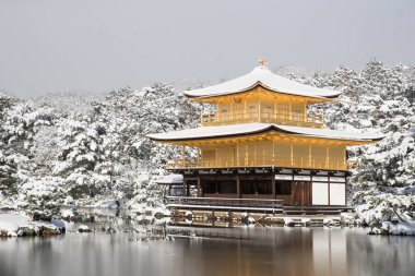 Zen Tapınağı Kinkakuji, kar ile Altın Köşk Sonbahar Kış 2017. Kinkakuji Kyotos önde gelen tapınaklar ve tanınan Unesco tarafından dünya kültür mirası biridir