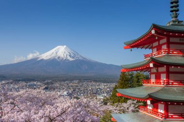 Güzel manzara dağ Fuji ve Chureito kırmızı pagoda kiraz çiçeği sakura ile Japonya
