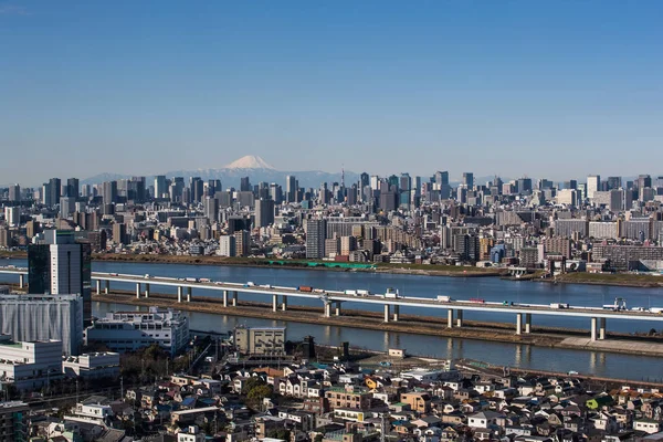市中心大厦和东京塔地标与山富士在白天 — 图库照片