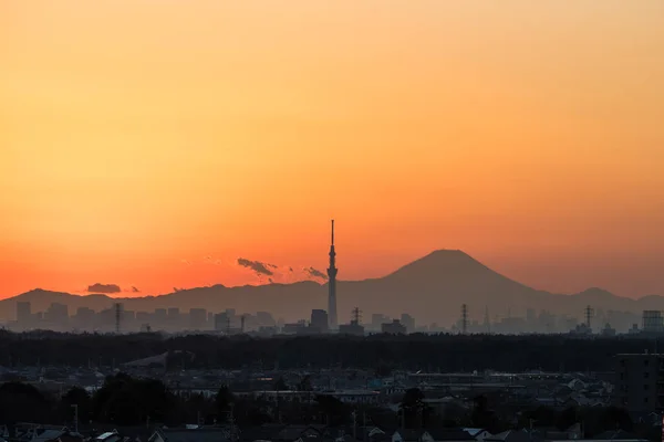 美しい東京の日没風景 東京スカイツリー ランドマーク玄関富士冬の日没 — ストック写真