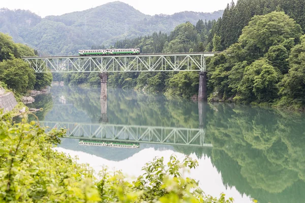 Ligne Ferroviaire Tadami Rivière Tadami Saison Estivale Dans Préfecture Fukushima — Photo