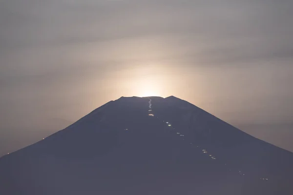 Luna Tramontata Cima Monte Fuji Nella Notte Estate — Foto Stock