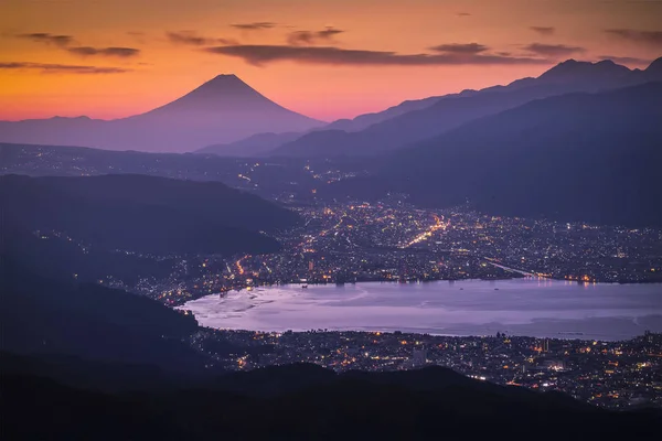 Lotnicze Mount Fuji Jeziora Suwako Wschód Słońca Widziane Takabochi — Zdjęcie stockowe