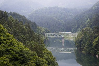 Fukushima, Japan - 18 Haziran: Yerel tren Tadami hat ve Tadami Nehri 