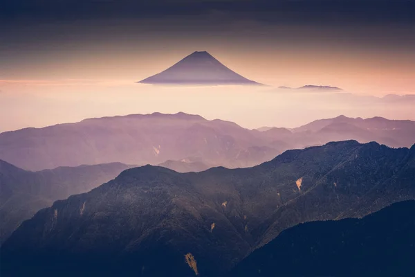 Monte Fuji Través Niebla Con Cielo Crepuscular Después Del Amanecer — Foto de Stock