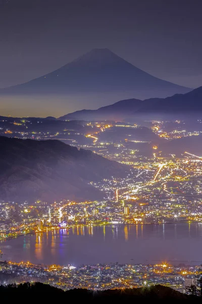Monte Aéreo Fuji Con Lago Suwako Noche Visto Desde Monte — Foto de Stock